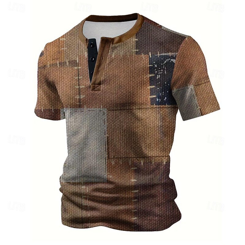 Waffle Plaid Men's 3D Print T shirt Tee Henley Shirt Casual Daily T shirt Brown Short Sleeve Henley Shirt Summer Clothing Apparel S M L XL XXL XXL 3XL
