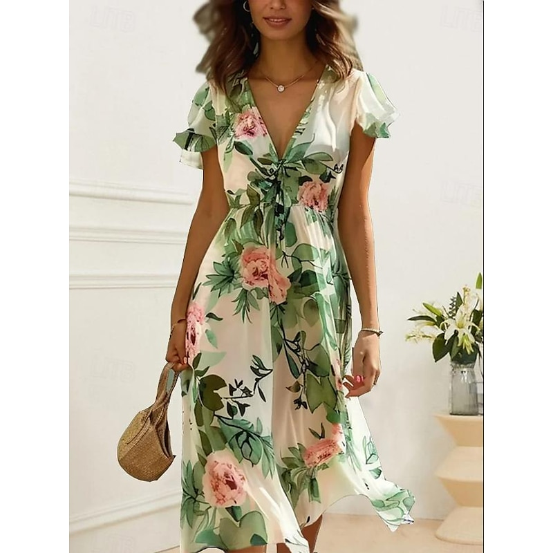 Women's Midi Dress Floral V-Neck A-Line Flutter Sleeve Rose Pattern Lightweight Summer Garden Party Wedding Guest Brunch Flowy Feminine White Pink Green2