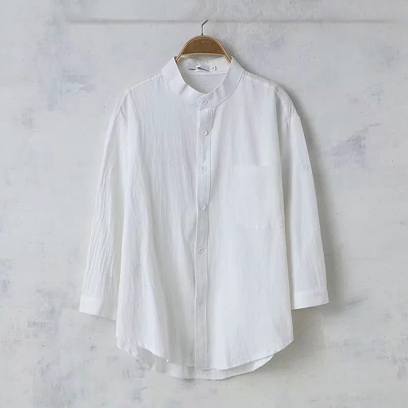 Men's Shirt Linen Shirt Chinese Collar Shirt Mandarin Collar Shirt Casual Shirt Cotton Shirt Plain Vacation Hawaiian Black White Army Green 3/4 Length Sleeve Band Collar Spring &  Fall Clothing