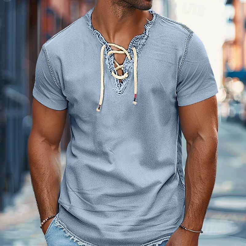Men's Shirt Summer Shirt Denim Shirt Chambray Shirt Dark Navy Navy Blue Light Blue Short Sleeve Graphic Prints Standing Collar Casual Daily Drawstring Clothing Apparel Fashion Casual Breathable
