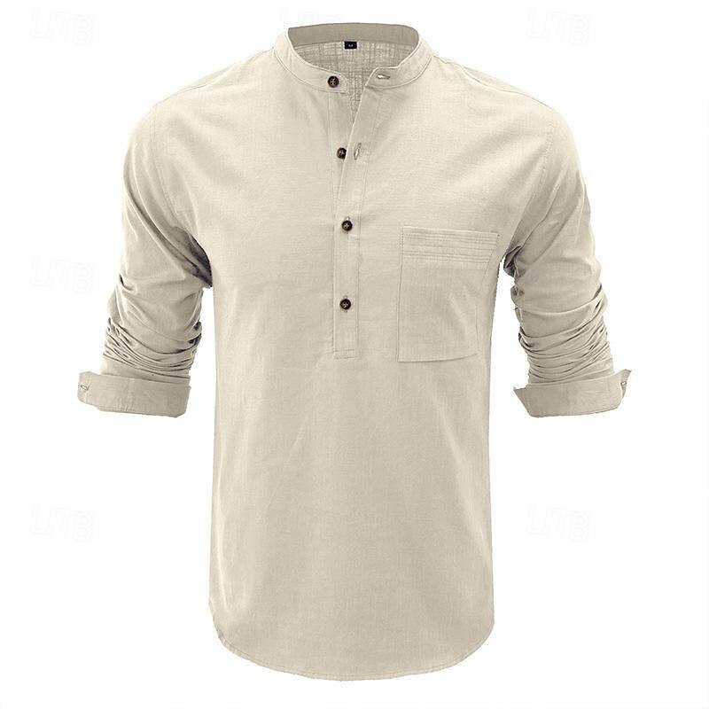 Men's Shirt Linen Shirt Popover Shirt Plain Vacation Casual Black White Navy Blue Blue Long Sleeve Collar Summer Spring Clothing Apparel Pocket4