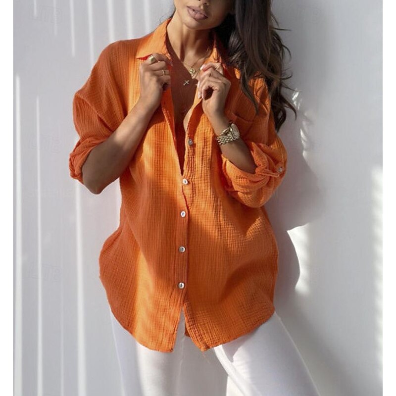 Women's Shirt Linen-Inspired Shirts Button Up Blouse Plain Fashion Shirt Collar Street Daily Buttons Pocket Pink Red Blue Orange Gray Summer