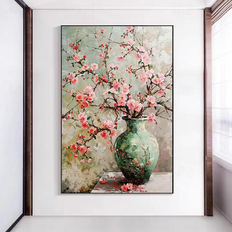 Pure Hand-painted Oil Painting Peach Blossom Floor-standing Sofa Background Wall Decoration Painting Plant Flowers High-end Porch Painting (No Frame)3