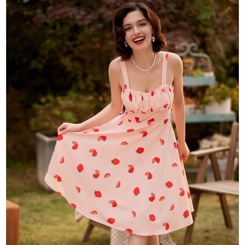 Retro Vintage 1950s Rockabilly Knee Length Dress Swing Dress Flare Dress Halter Floral Fruit Strawberry Fancy Dress Women's Tea Party Casual Daily Bachelorette Party Adults Dress Homecoming Dresses
