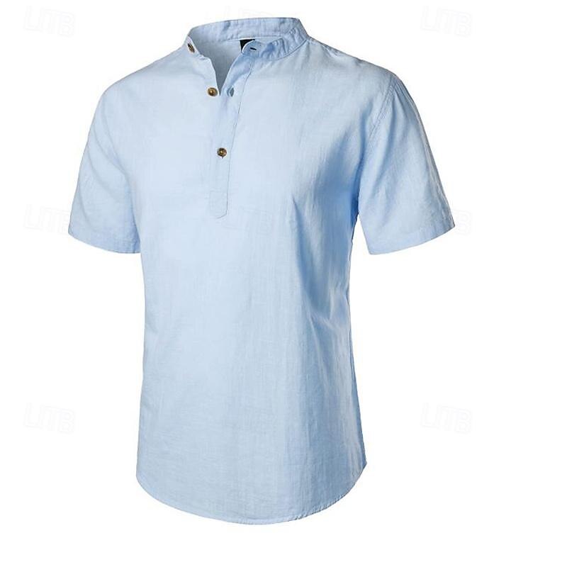 Men's Shirt Chinese Collar Shirt Mandarin Collar Shirt Casual Shirt Cotton Linen Shirt Plain Vacation Street Black Khaki Gray Light Blue Short Sleeve Band Collar Summer Clothing Apparel Button-Down3