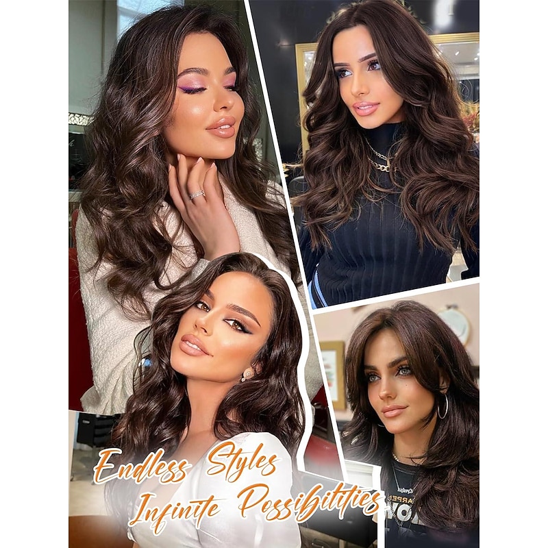 Wigs with Curtain Bangs for Women Long Wavy Women's Charming Synthetic Wigs with Bangs Natural Wavy Chocolate Brown Wigs Medium Length Wig Heat Resistant Hair for Daily Party Use4