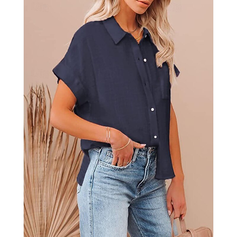 Women's Shirt Linen-Inspired Shirts Button Up Blouse Plain Casual Short Sleeve Shirt Collar Regular Tops Daily Buttons Pocket Black White Army Green Navy Blue Summer