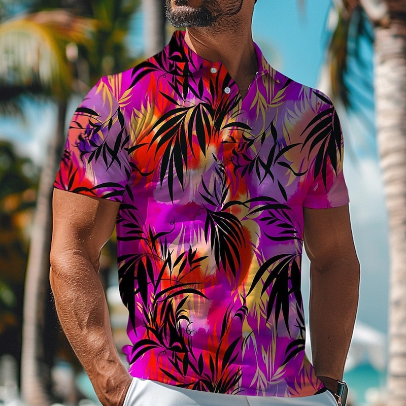 Kentucky Derby Men's Palm Tree Hawaiian Polo Shirts Golf Shirt Short Sleeve Polo Shirts Collared Shirts Beach Wear Vacation Wear Tropical Wear Party Outfits Buttons 3D Print Spring & Summer Pink Blue