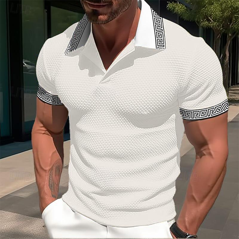 Men's Waffle Polo Shirts Business Polo Work Casual Lapel Ribbed Polo Collar Short Sleeve Modern Old Money Style Color Block Patchwork Pocket Spring & Summer Regular Fit Light Yellow Dark red Black 13