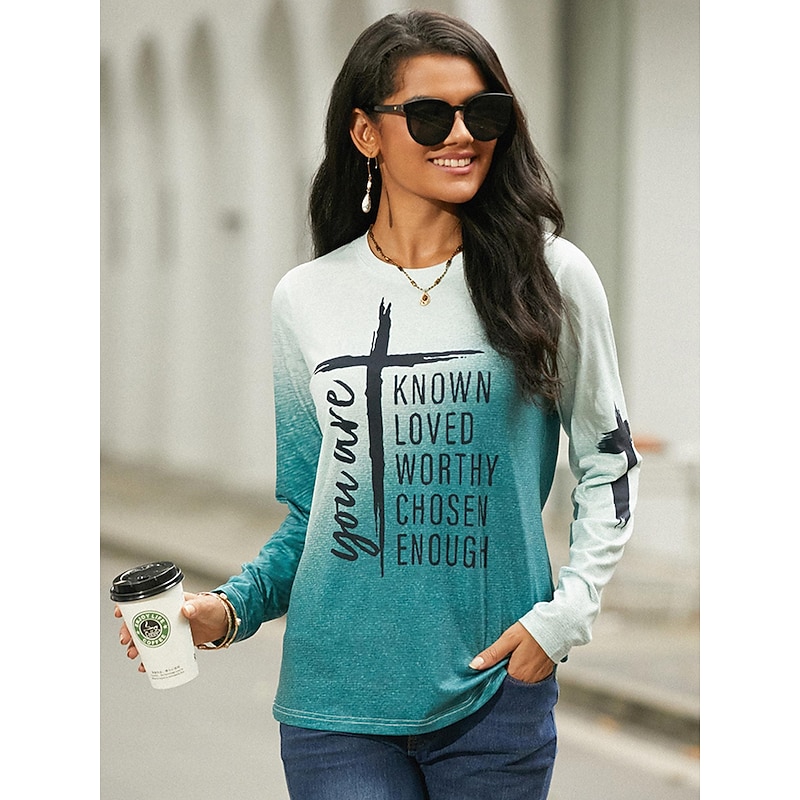 Women's T shirt Crew Neck Long Sleeve Tunic Basic Print Regular Tops Round Neck Daily Weekend Orange Green Gray Spring & Fall Fall & Winter you are KNOWN LOVED WORTHY CHOSEN ENOUGH3