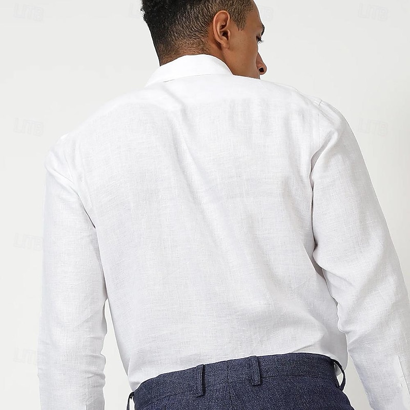 Men's Shirt Linen Shirt Summer Shirt Beach Shirt Button Up Shirt Cotton Shirt Plain Casual Daily White Long Sleeve Band Collar Spring & Summer Clothing Apparel2