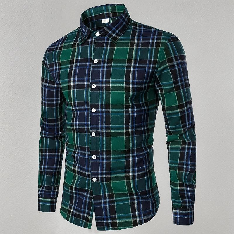 Men's Shirt Dress Shirt Button Up Shirt Plaid Wedding Party Light Yellow Black Red Green Long Sleeve Lapel Spring &  Fall Clothing Apparel