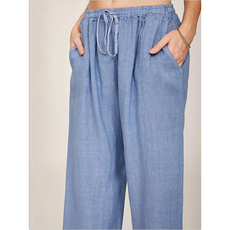 Women's Cotton Linen Pants Comfort Pure Color Pocket Elastic Waist Breathable Micro-elastic Home Black White Wine Navy Blue Summer2