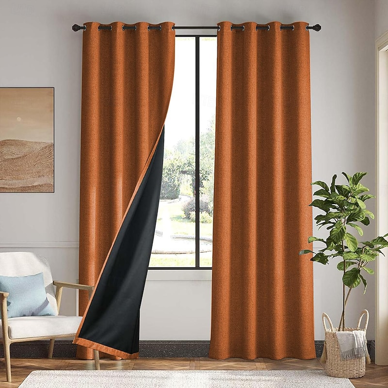 1pc Waterproof Blackout Double Coated Solid Color Cotton And Linen Curtain Bedroom Living Room Home Decoration Perforated Curtain