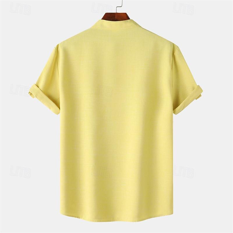 Men's Shirt Linen Shirt Chinese Collar Shirt Mandarin Collar Shirt Casual Shirt Cotton Shirt Plain Vacation Street Black Yellow Light Green Pink Short Sleeve Band Collar Summer Clothing Apparel 16