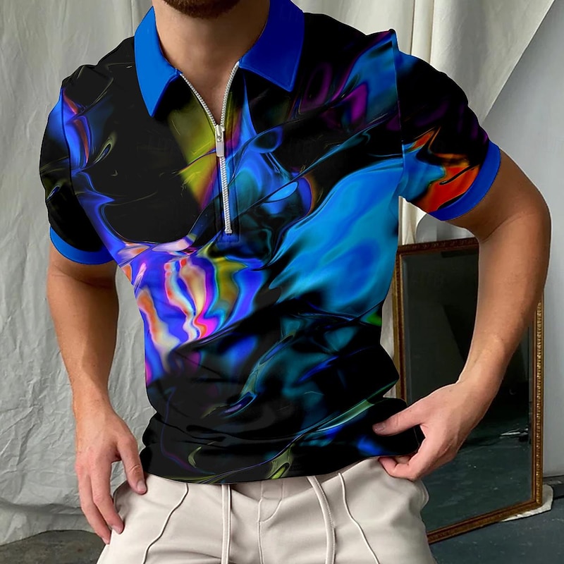 Men's Graphic Zip Polo Shirts Golf Shirt Short Sleeve Polo Shirts Collared Shirts Vacation Wear Rave Wear Party Outfits 3D Print Quarter Zip Polo Summer Spring Blue Orange4