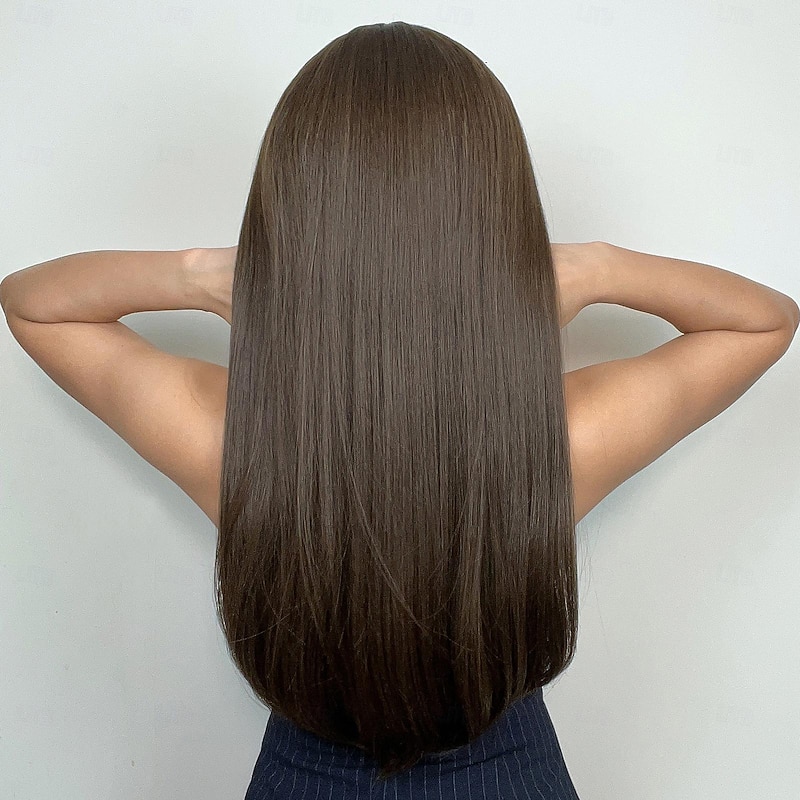 Synthetic Wig Uniforms Career Costumes Princess Straight kinky Straight Layered Haircut With Bangs Machine Made Wig 26 inch Dark Brown Synthetic Hair Women's Cosplay Party Fashion Brown4