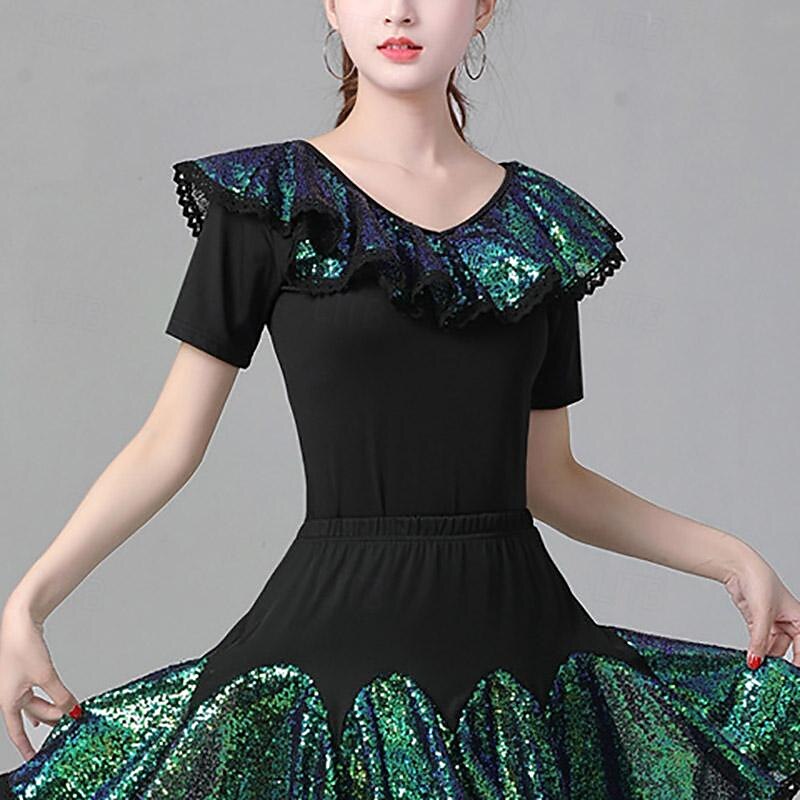 Latin Dance Ballroom Dance Top Ruffles Pure Color Splicing Women's Performance Training Short Sleeve Polyester2