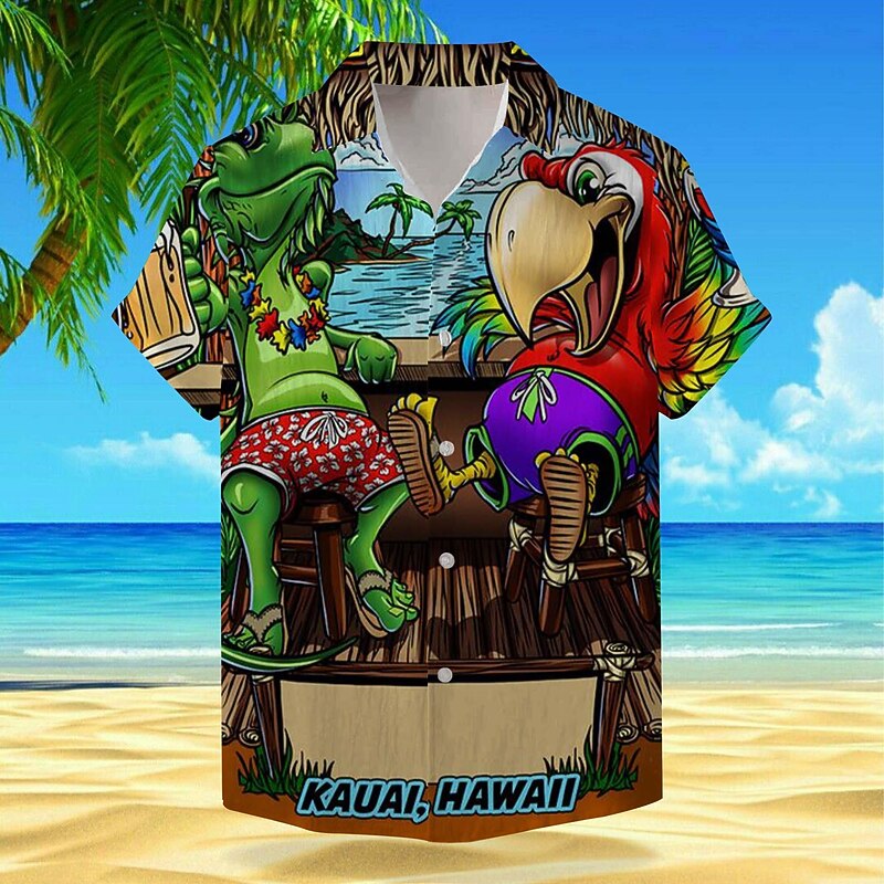 Men's Floral Dinosaur Parrot Shirt Summer Hawaiian Shirt Aloha Shirt Short Sleeve Shirt Turndown Vacation Hawaiian Outdoor Vacation Hawaiian Brown Green khaki S M L