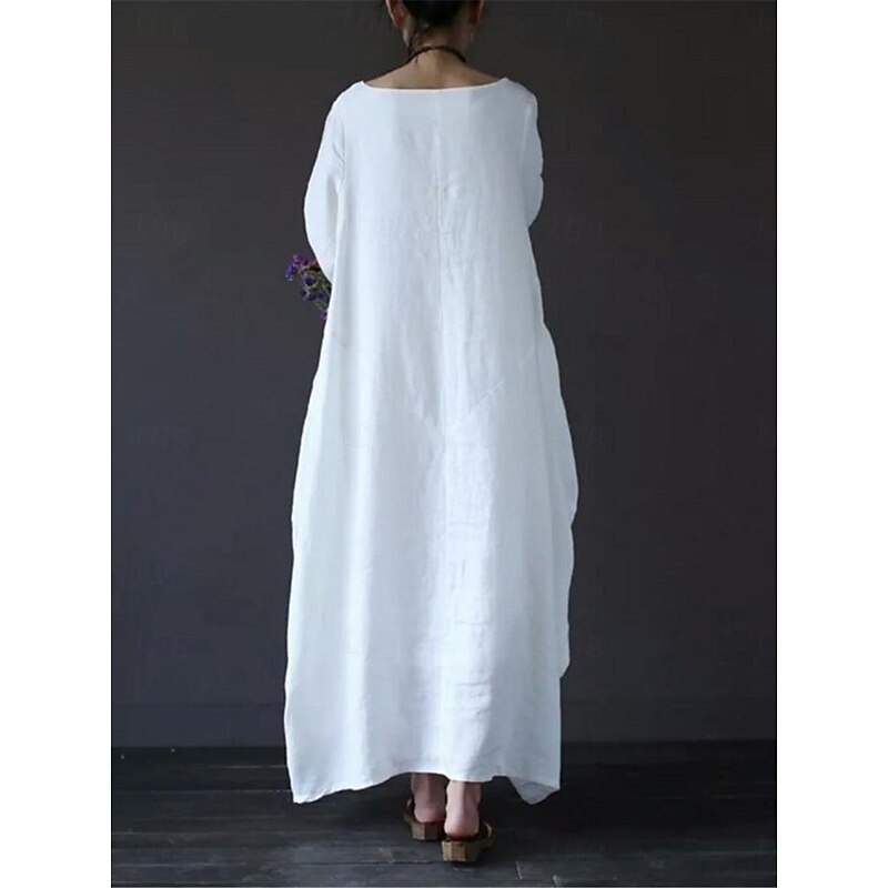Women's Black White Red Summer Spring Maxi Dress Linen-Inspired Dresses White Dress Cotton Linen Dress Casual Daily Weekend Loose Fit Plain Crew Neck4
