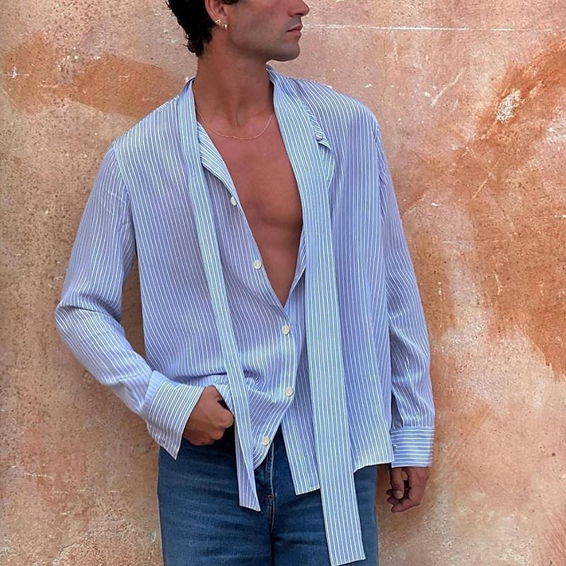 Men's Shirt Summer Shirt Casual Shirt Beach Shirt Button Up Shirt Light Blue Long Sleeve Stripes Lapel Vacation Hawaiian Button-Down Clothing Apparel Polyester Fashion Casual Comfortable3