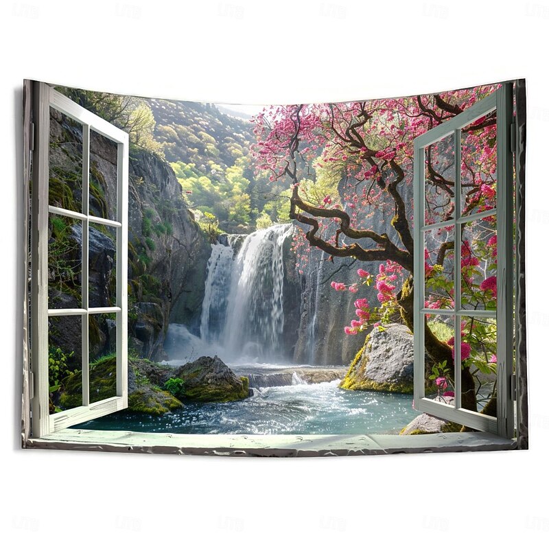 Waterfall Window View Hanging Tapestry Wall Art Large Tapestry Mural Decor Photograph Backdrop Blanket Curtain Home Bedroom Living Room Decoration Cottagecore3