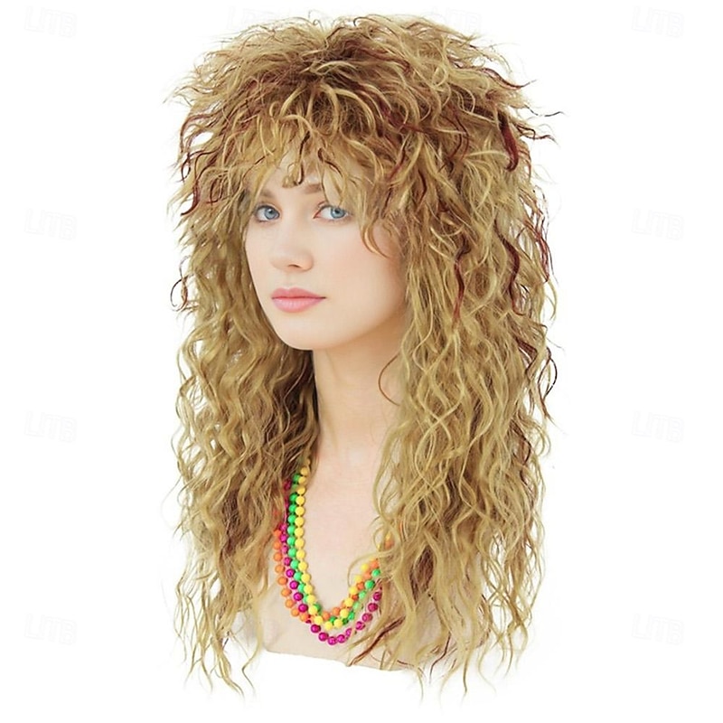 Womens 70s 80s Wig Curly Wigs for 70s 80s Costume Women Long Blonde Mixed Brown Curly Wavy Wig Mullet Rocker Wig Without Accessories  (Only Wigs) CJ031M Halloween Wigs2