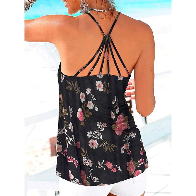 Women's Camisole Tank Top Casual Floral Print Sleeveless Regular Tops U Neck Vacation Black Summer2