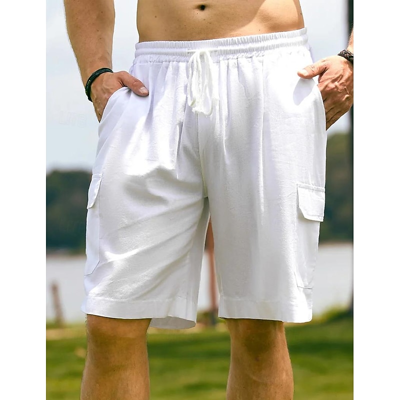 Men's Shorts Linen Shorts Summer Shorts Beach Shorts Drawstring Elastic Waist Multi Pocket Plain Knee Length Party Beach Hawaiian Casual White Khaki Inelastic2