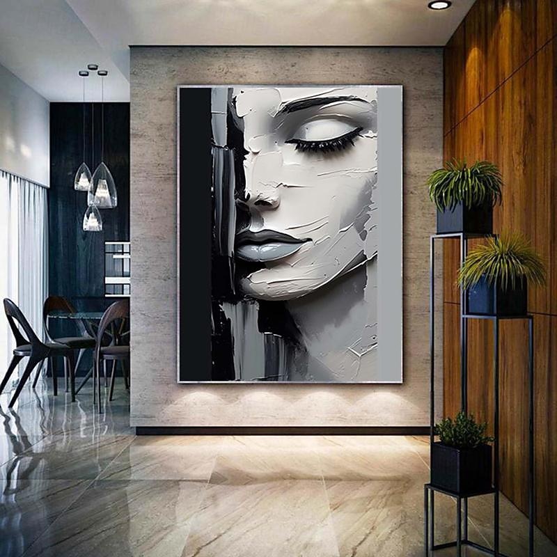Canvas Art Painting Abstract Women Figure Hand painted Black and White Figure Wall Art Picture Home Decor Girl Face Girl's Room Home Decor Stretched Frame Ready to Hang3