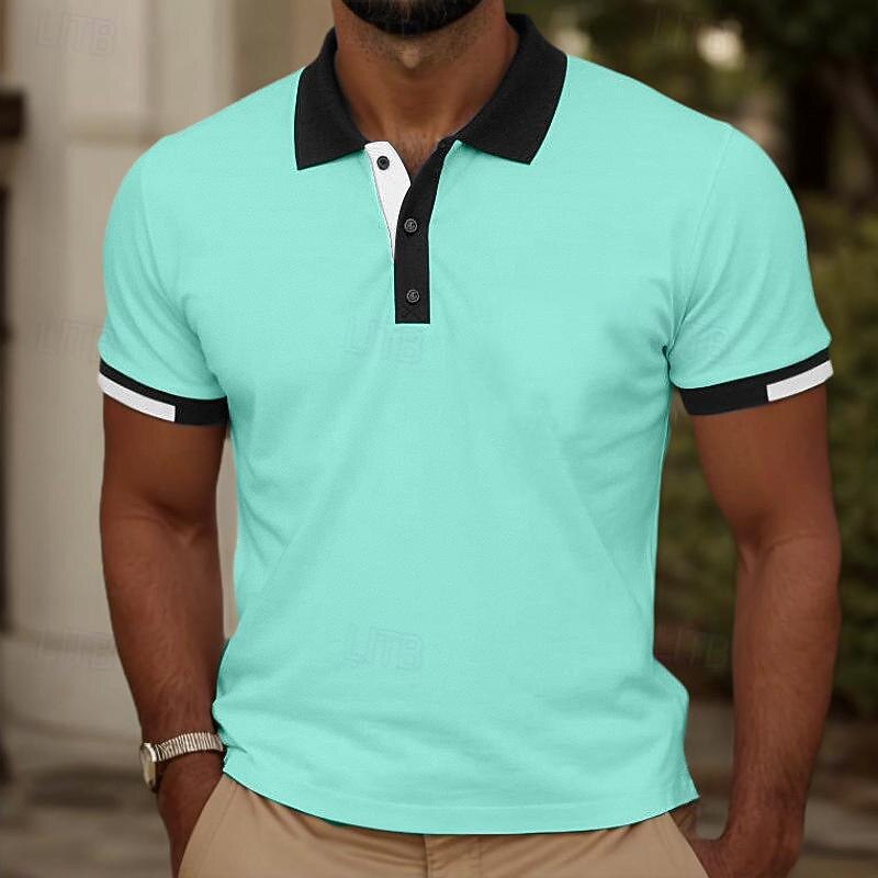 Men's Polo Golf Shirt Business Casual Ribbed Polo Collar Short Sleeve Fashion Solid Color Button Pocket Summer Spring Regular Fit Black White Red Sky Blue Mint Green Polo