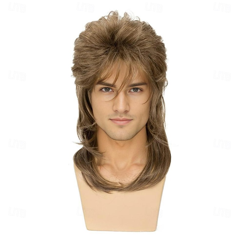 Sallcks Mens Mullet Wigs Brown Curly 70s 80s Retro Cosplay Costume Wig Rocker Disco Fancy Show Wigs - Light Brown Halloween Wigs4
