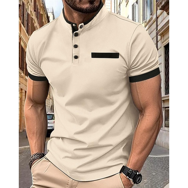 Men's Golf Shirt Golf Polo Work Casual Stand Collar Short Sleeve Basic Modern Color Block Patchwork Button Spring & Summer Regular Fit Wine Black White Navy Blue Khaki Golf Shirt