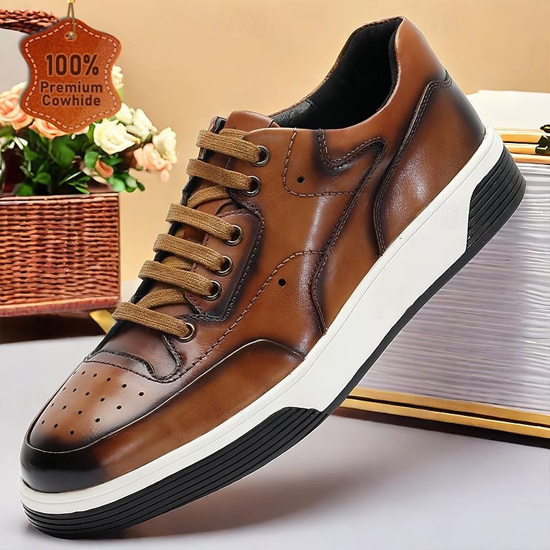 Men's Dress Sneakers Leather Italian Full-Grain Cowhide Slip Resistant Lace-up Yellow-Brown