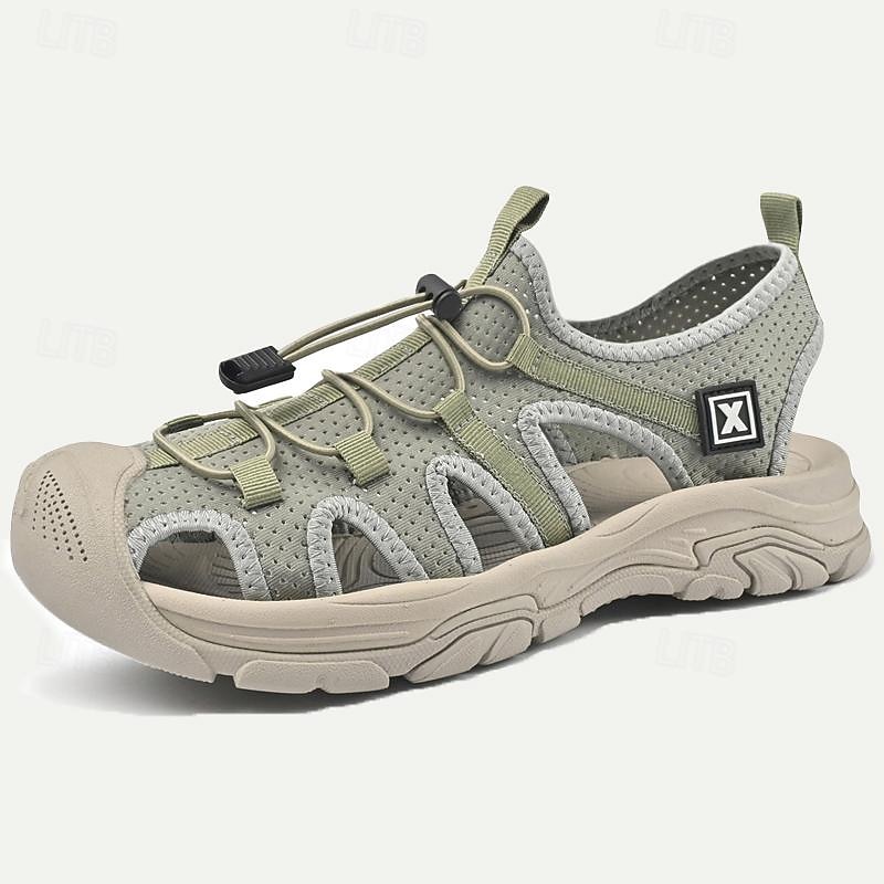 Men's Sandals Sports Sandals Hiking Casual Beach Fabric Mesh Breathable Comfortable Slip Resistant Magic Tape Loafer Black Light Green2