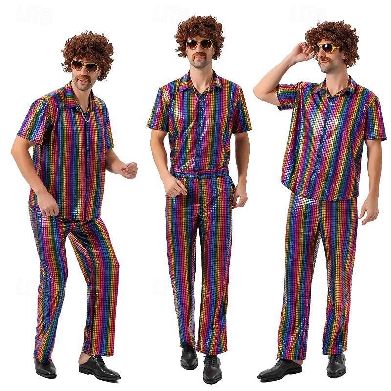 Disco 1980s Pants Outfits Shirt Disco Fancy Dress Men's Carnival Costume Halloween Carnival Masquerade Performance Party Club Adults' Top Pants