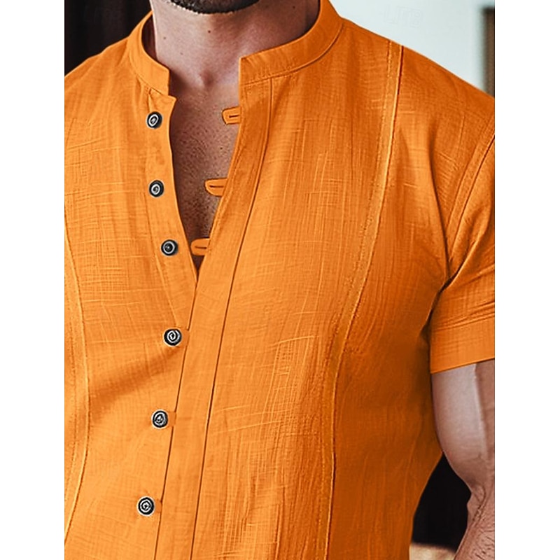 Men's Shirt Linen Shirt Band Collar Shirt Summer Shirt Beach Wear Summer Hawaiian Shirt Solid Color Street Daily Black White Blue Orange Short Sleeve Band Collar Spring & Summer Clothing Apparel3