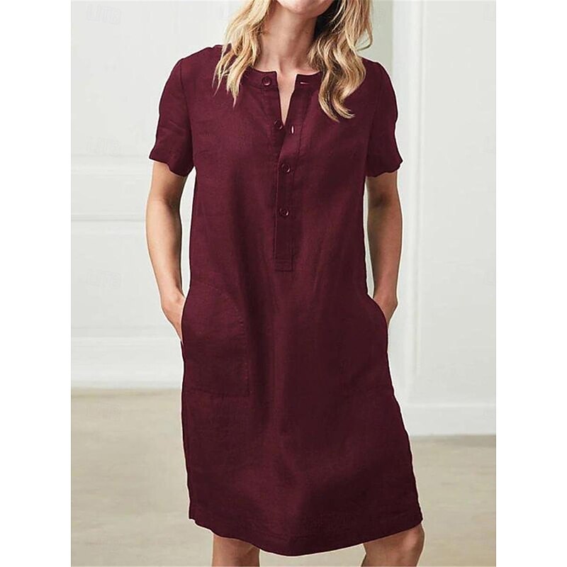 Women's Wine khaki Gray Summer Spring Midi Dress Linen-Inspired Dresses Casual Daily Loose Fit Plain Crew Neck4