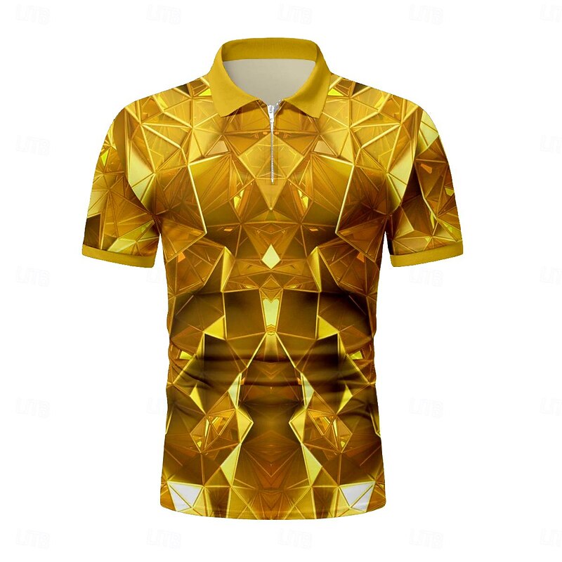 Men's Graphic Zip Polo Shirts Golf Shirt Short Sleeve Polo Shirts Collared Shirts Casual Vacation Wear Rave Wear Party Outfits 3D Print Quarter Zip Polo Summer Golden yellow Black Navy Blue2