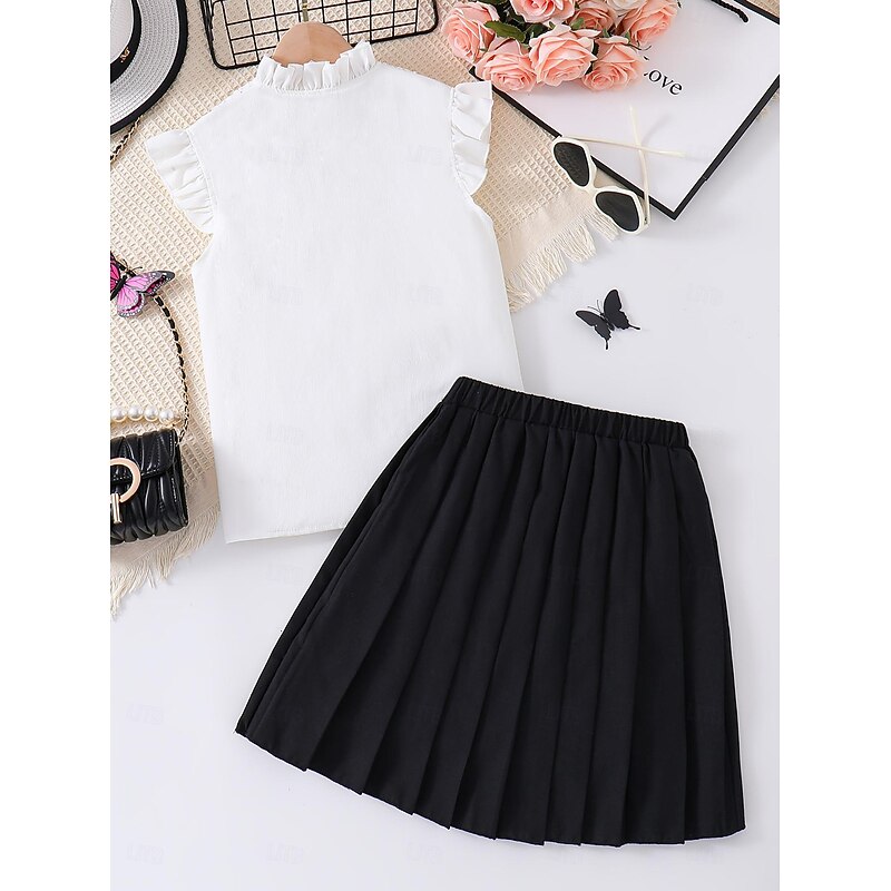 2 Pieces Kids Girls' Solid Color Crewneck Dress Suits Set Sleeveless Fashion School 7-13 Years Summer White3