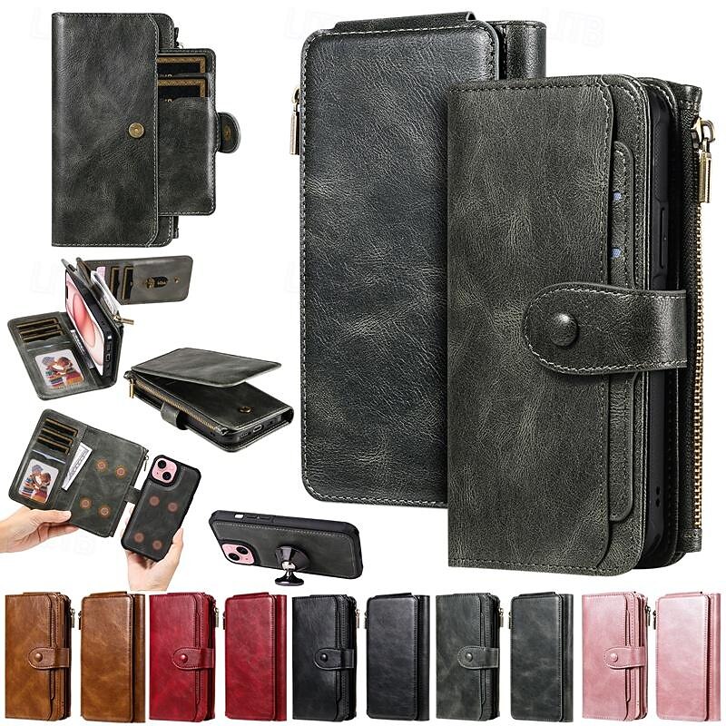 Phone Case For iPhone 17 Pro Max 17 Air 16 15 14 Pro Max Plus 13 12 11 Pro Max Mini Wallet Case Detachable Magnetic Zipper Retro TPU PU Leather