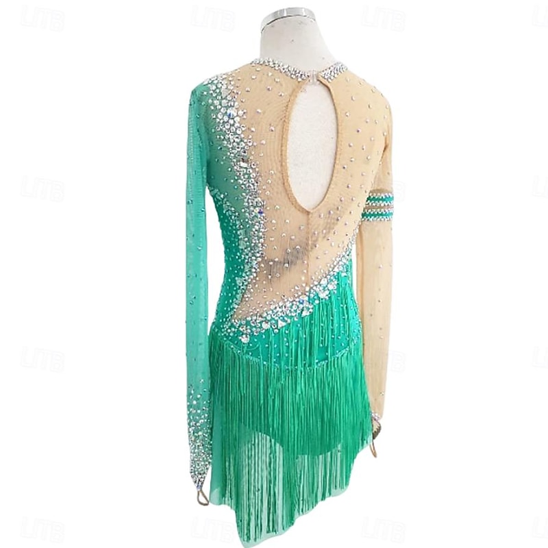 Latin Dance Dress Tassel Crystals / Rhinestones Women's Girls' Performance Training Long Sleeve Stretch Yarn Lycra2