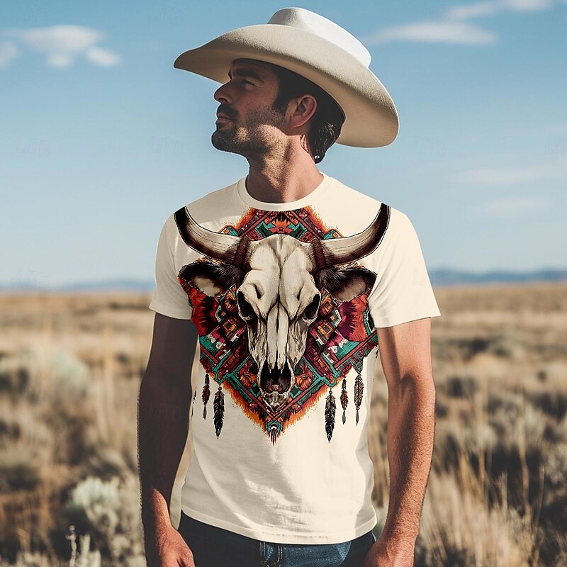 Men's Denim T Shirt Short Sleeve T shirt 3D Print Crew Neck Shirt Retro Vintage Ethnic White Summer Spring Clothing Apparel S M L XL XXL 3XL