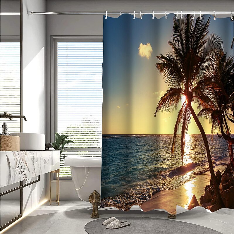 Shower Curtain with Hooks 180cm*180cm(70"*70") Polyester Washable Waterproof Pattern Bathroom Bathtub Decor Beach Seawater Coconut Tree Landscape2