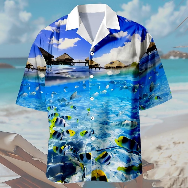 Men's Seascape Pattern Shirt Summer Hawaiian Shirt Aloha Shirt Short Sleeve Shirt Turndown Hawaiian Resort Casual Hawaiian Holiday Violet Orange Dark Blue S M L4