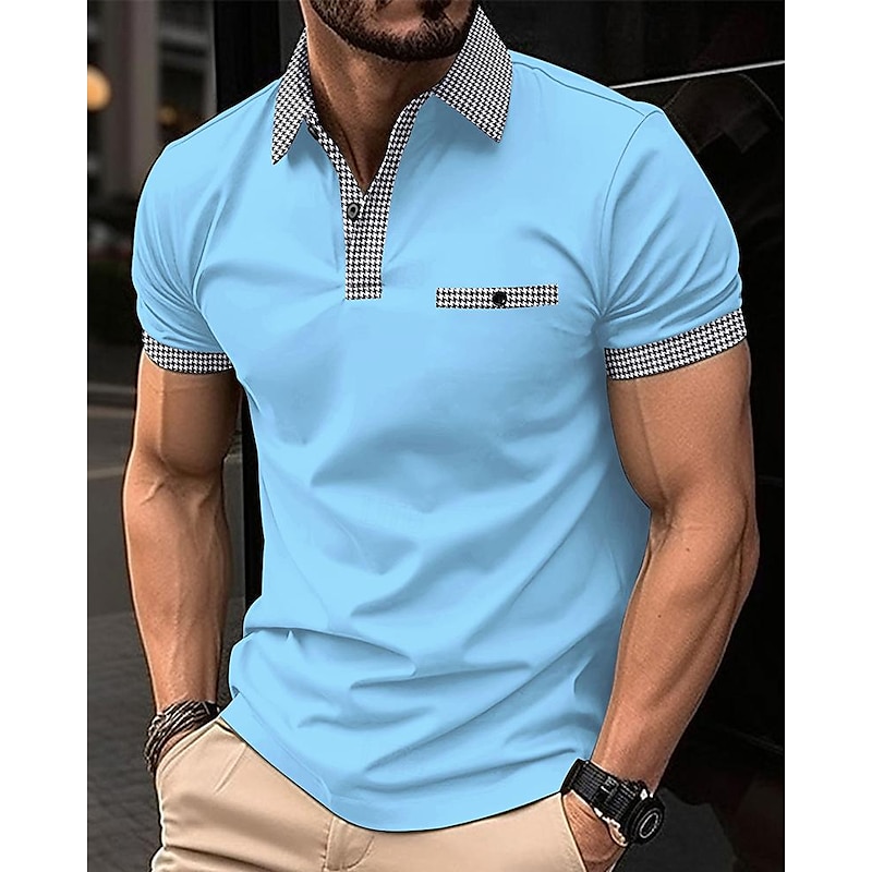 Men's Golf Shirt Golf Polos Shirts Work Casual Lapel Short Sleeve Basic Modern Color Block Houndstooth Patchwork Spring & Summer Regular Fit Black White Red Navy Blue Blue Beige Golf Shirt4