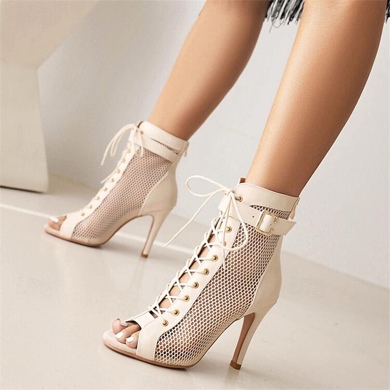 Women's Heels Lace Up Sandals Strappy Sandals Sandals Boots Summer Boots Party Club Buckle Lace-up Stiletto Open Toe Fashion Sexy Microbial Leather Mesh Zipper Almond Black Red