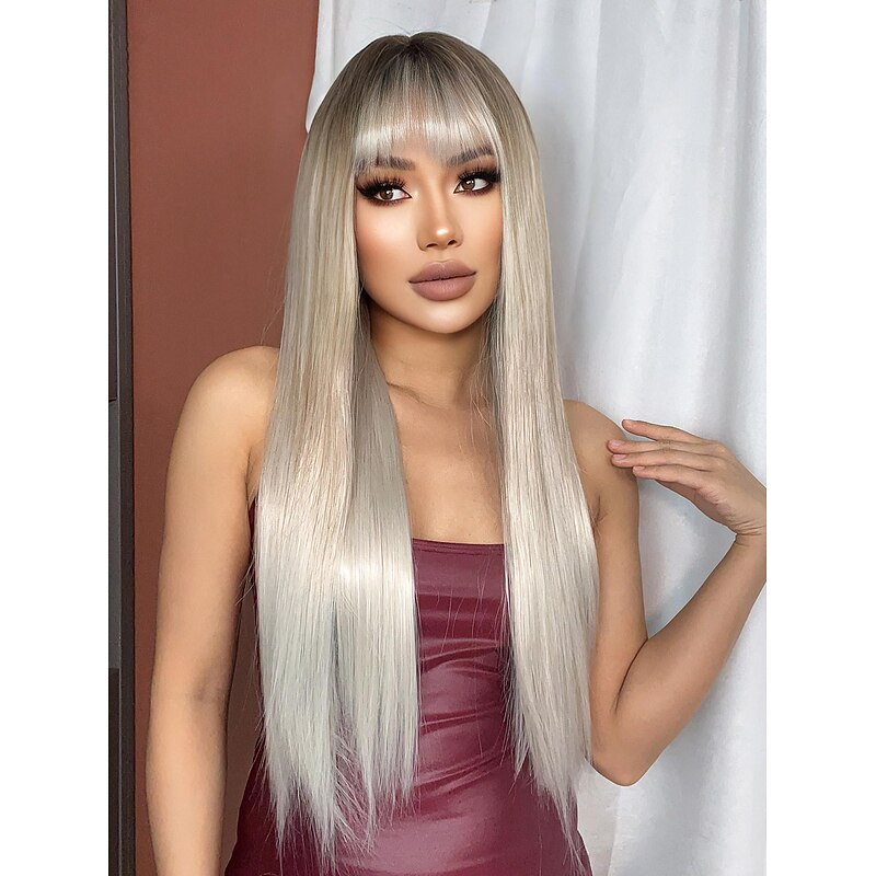 Synthetic Wig Uniforms Career Costumes Princess Straight kinky Straight Middle Part Layered Haircut Machine Made Wig 28 inch Light Blonde Synthetic Hair 28 inch Women's Cosplay Party Fashion Blonde2