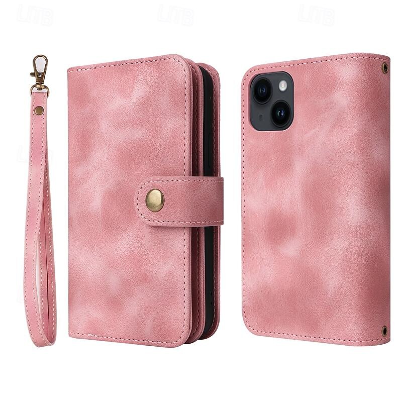Phone Case For iPhone 15 14 Pro Max Plus 13 12 11 Pro Max Mini Wallet Case Zipper Full Body Protective with Wrist Strap Retro TPU PU Leather2