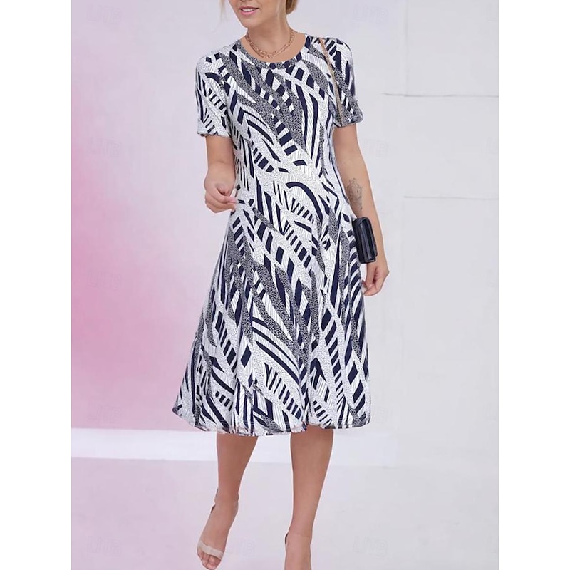 Women's Elegant Party Evening Midi Dress Crew Neck Short Sleeve Casual Dress Shift Dress Summer Dress Vintage Work Casual Loose Fit Geometric Gray Summer